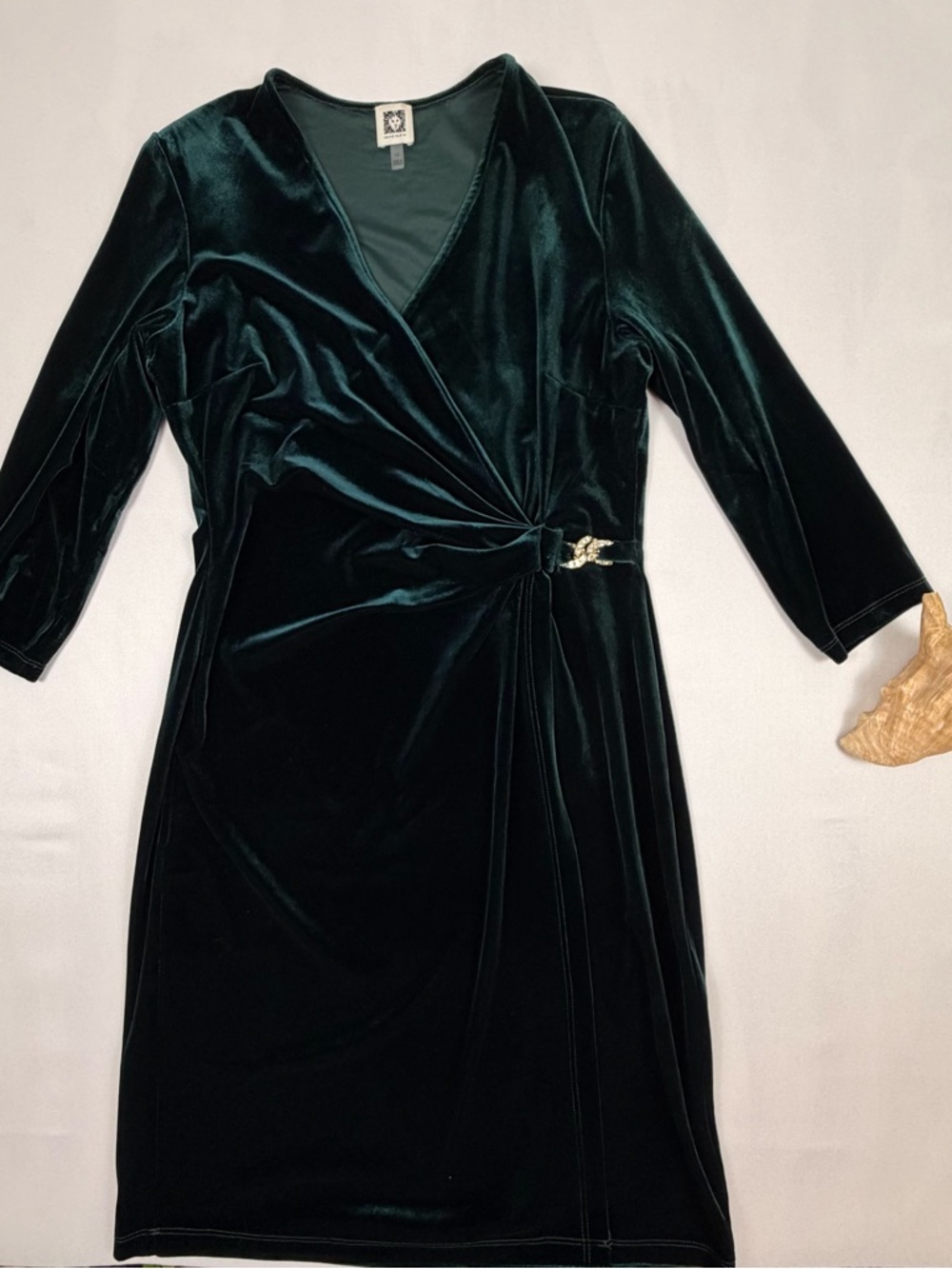 Anne Klein Dark Green Velvet Wrap Dress 3/4 Sleeve V-Neck Knee Length Size 10